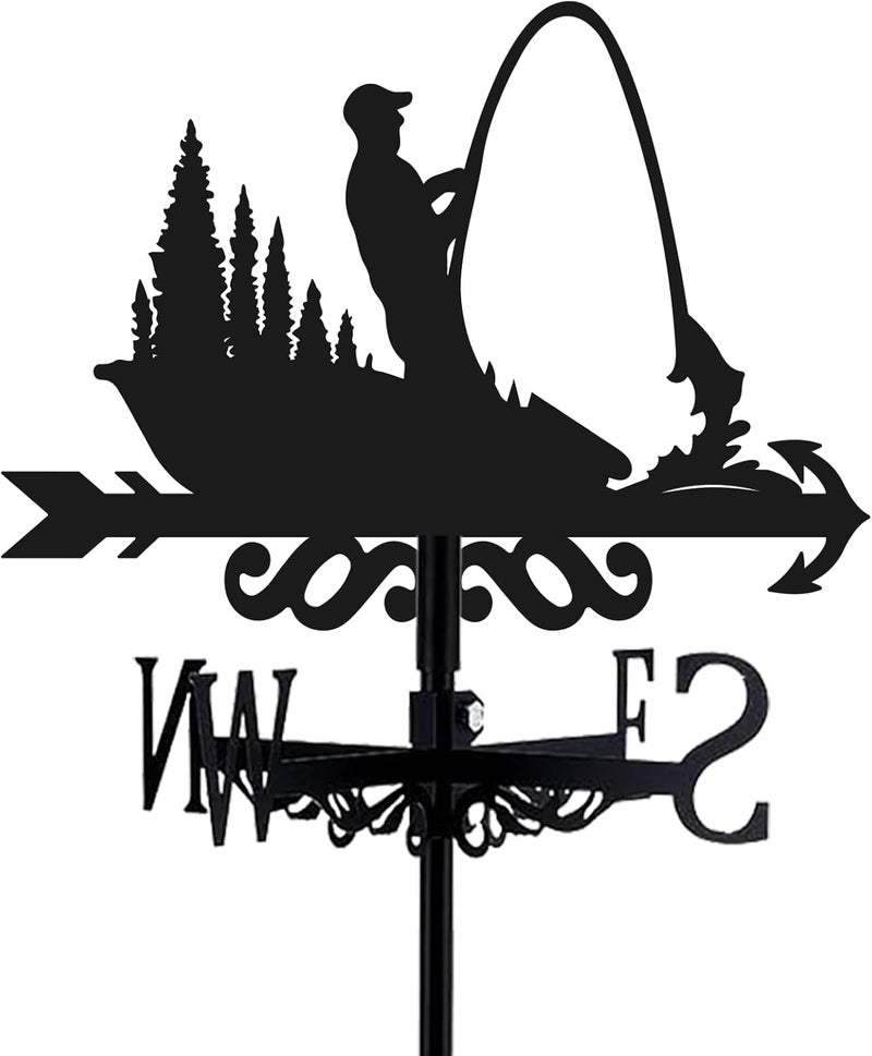BEUNITONE Fishing Weathervane 26” Height Black Metal Fisherman Wind Vane Animal Ornament Garden Stake Weather Vane Fishing Design Windmill Wind Cups & Brackets for Farmhouse Outdoor Yard Decoration - Image 1